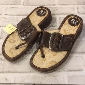 FLY London Leather Brown Thongs Sandals wedge.